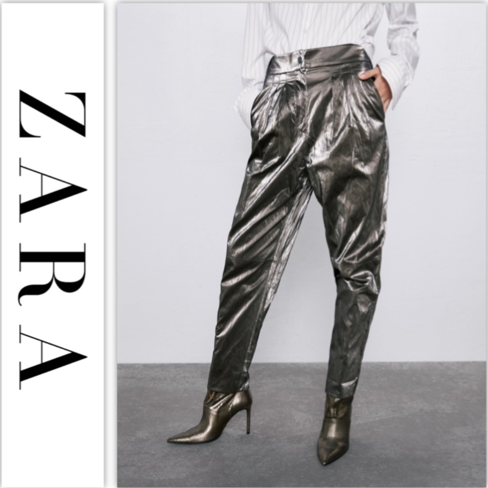 Zara Wrinkled-effect Metallic Trousers NWT - Picture 6 of 12